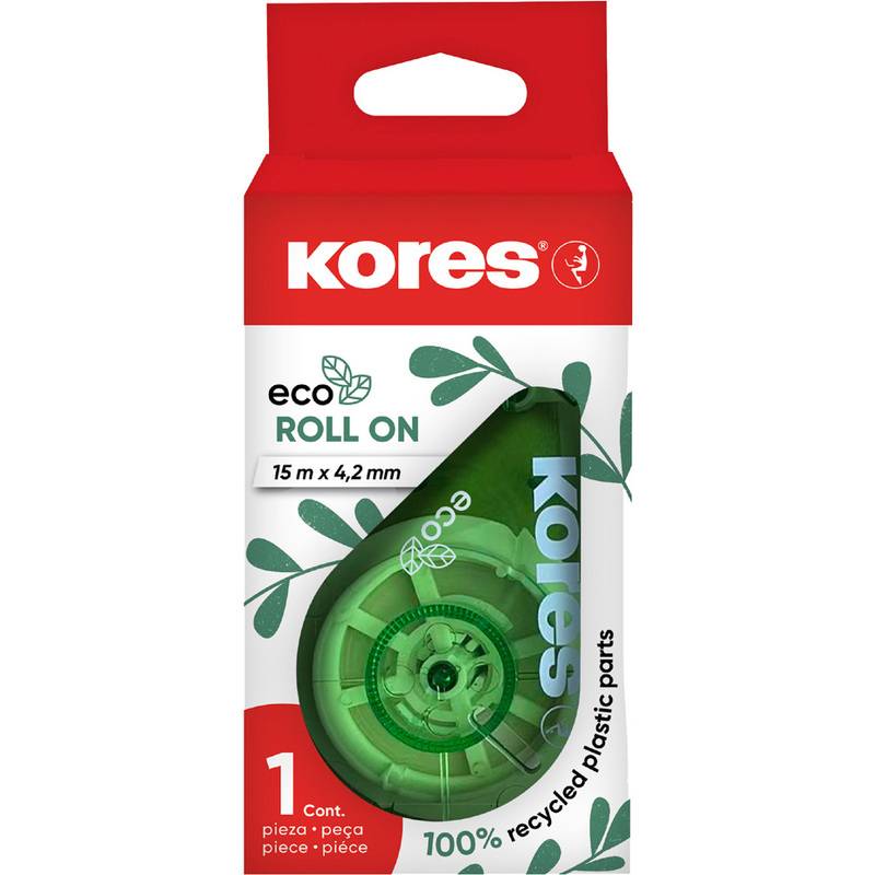Eine grüne 'Kores Eco Roll On' Korrekturrolle in Verpackung, mit der Aufschrift '100% recycelte Kunststoffteile', Größe 15m x 4,2mm.