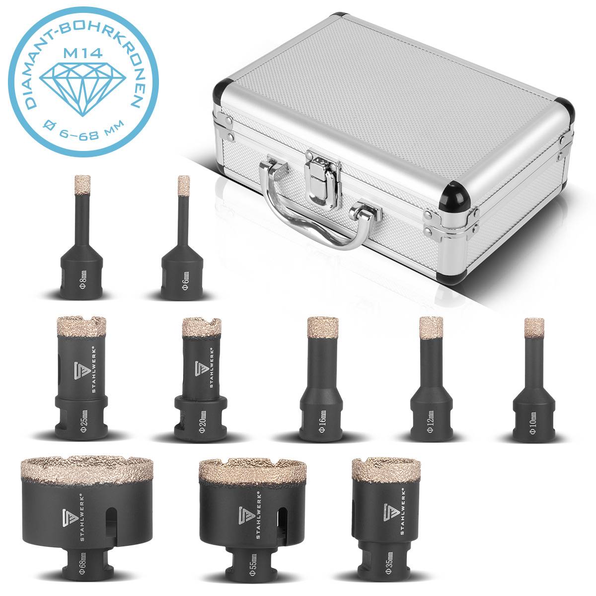STAHLWERK Diamant-Bohrkronen 10er Set 6-68 mm M14 für Winkelschleifer