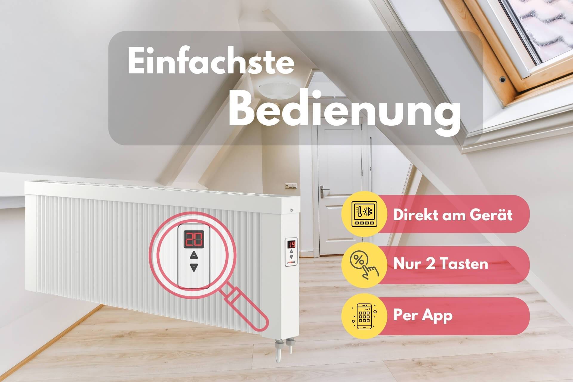 Elektroheizung areo direct base niedrige Flächenspeicherheizung 1200 Watt - simples Thermostat - Appsteuerung ohne Zusatzhardware möglich - von eVA