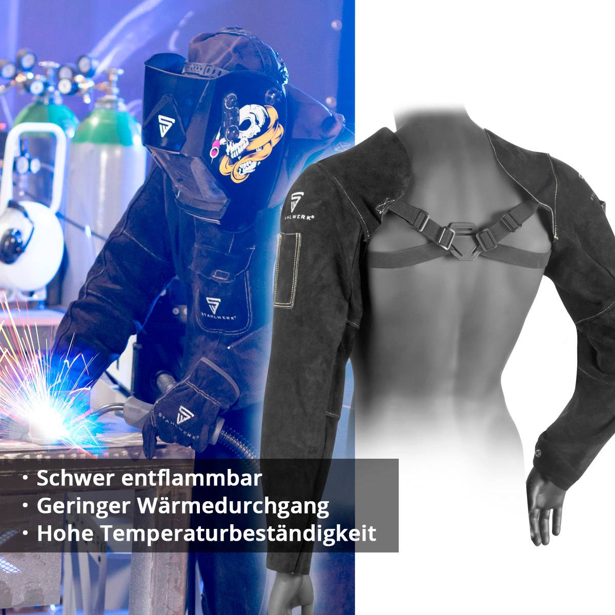 STAHLWERK Schweißerärmel mit Trageriemen aus hochwertigem Spaltleder