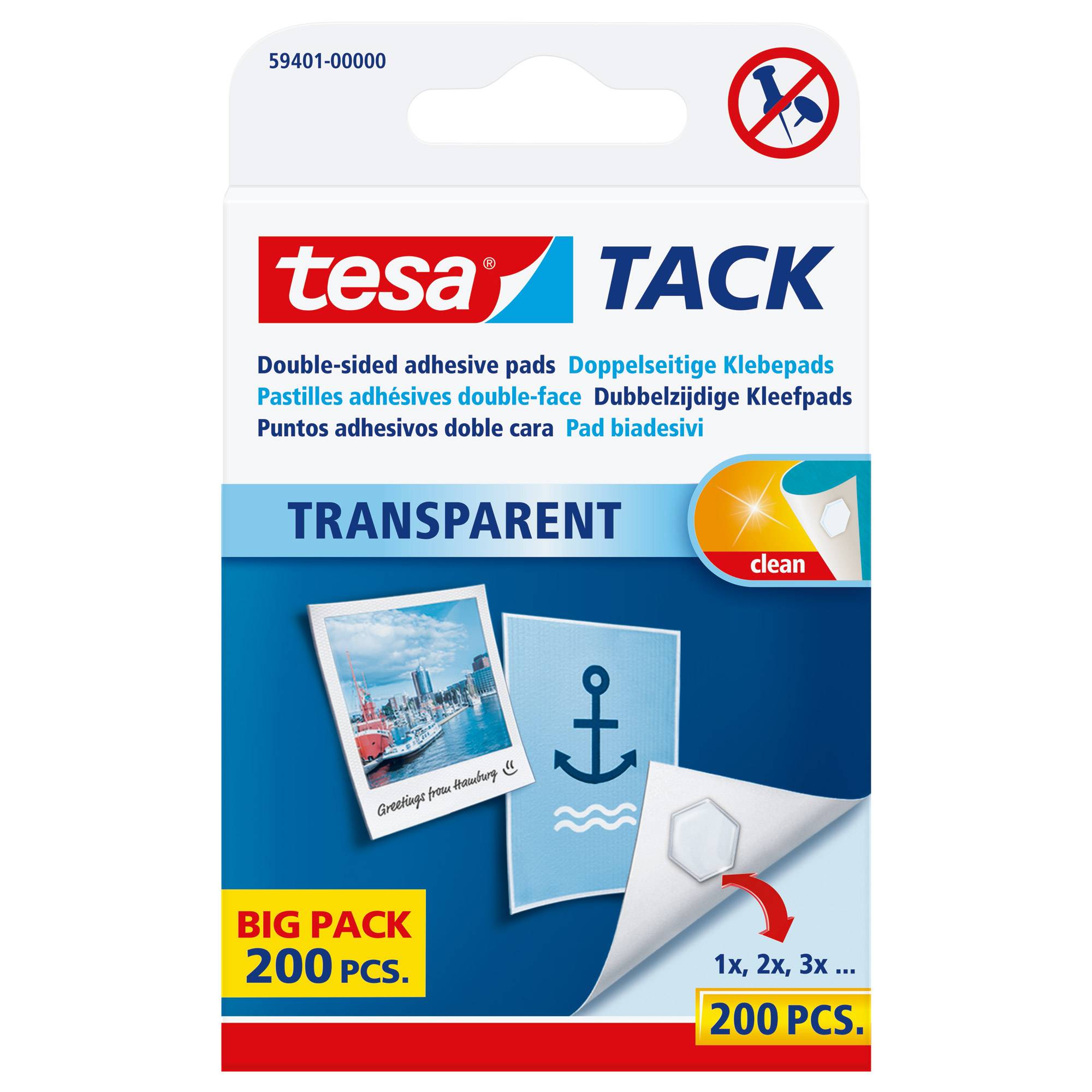 Packung von tesa TACK transparenten doppelseitigen Klebepolstern, gekennzeichnet mit 200 Stück und „clean
