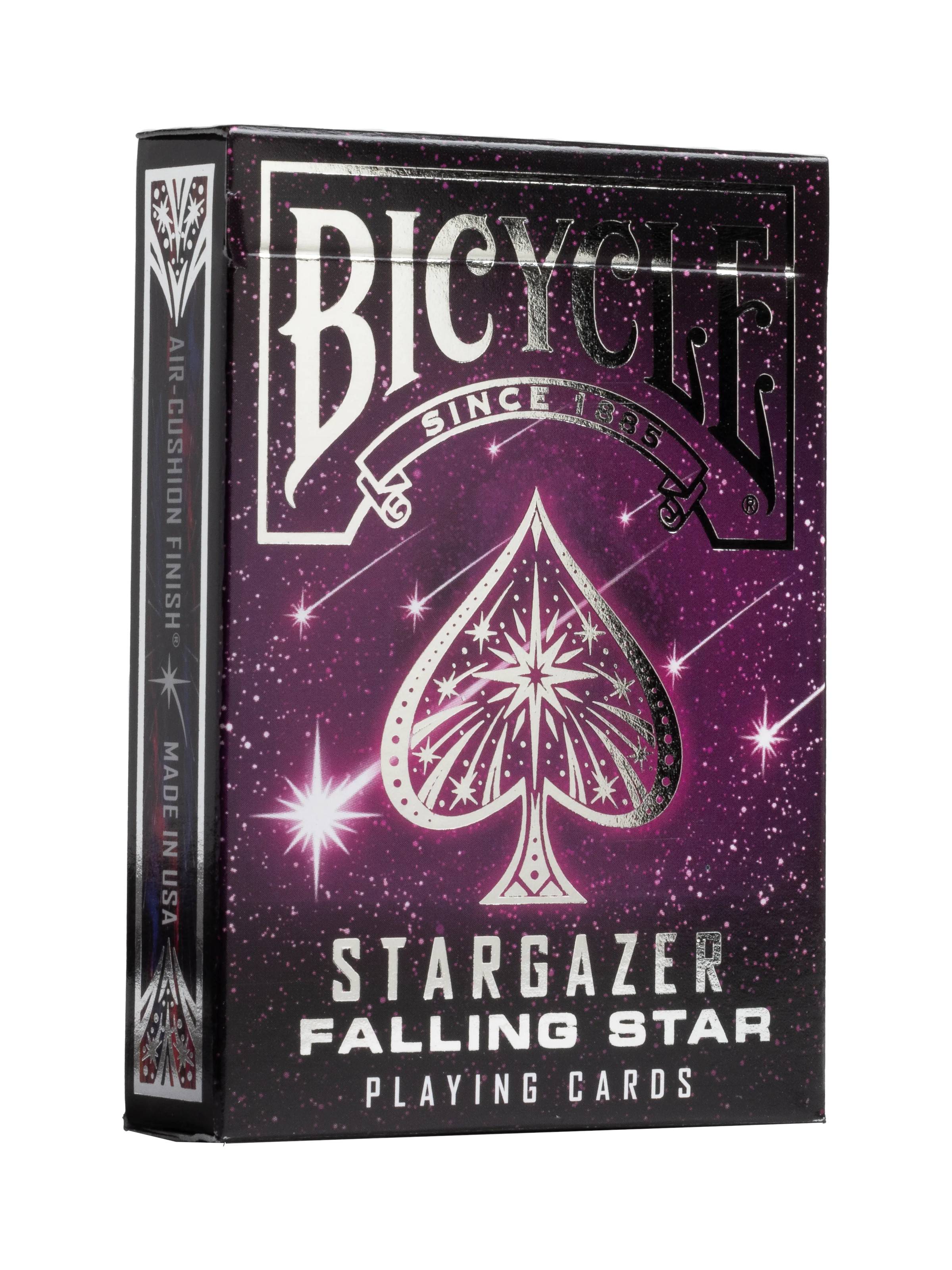 Bicycle Stargazer Falling Star Spielkartenschachtel mit violettem Sternenhimmel-Design und großem Pik-Grafikelement.
