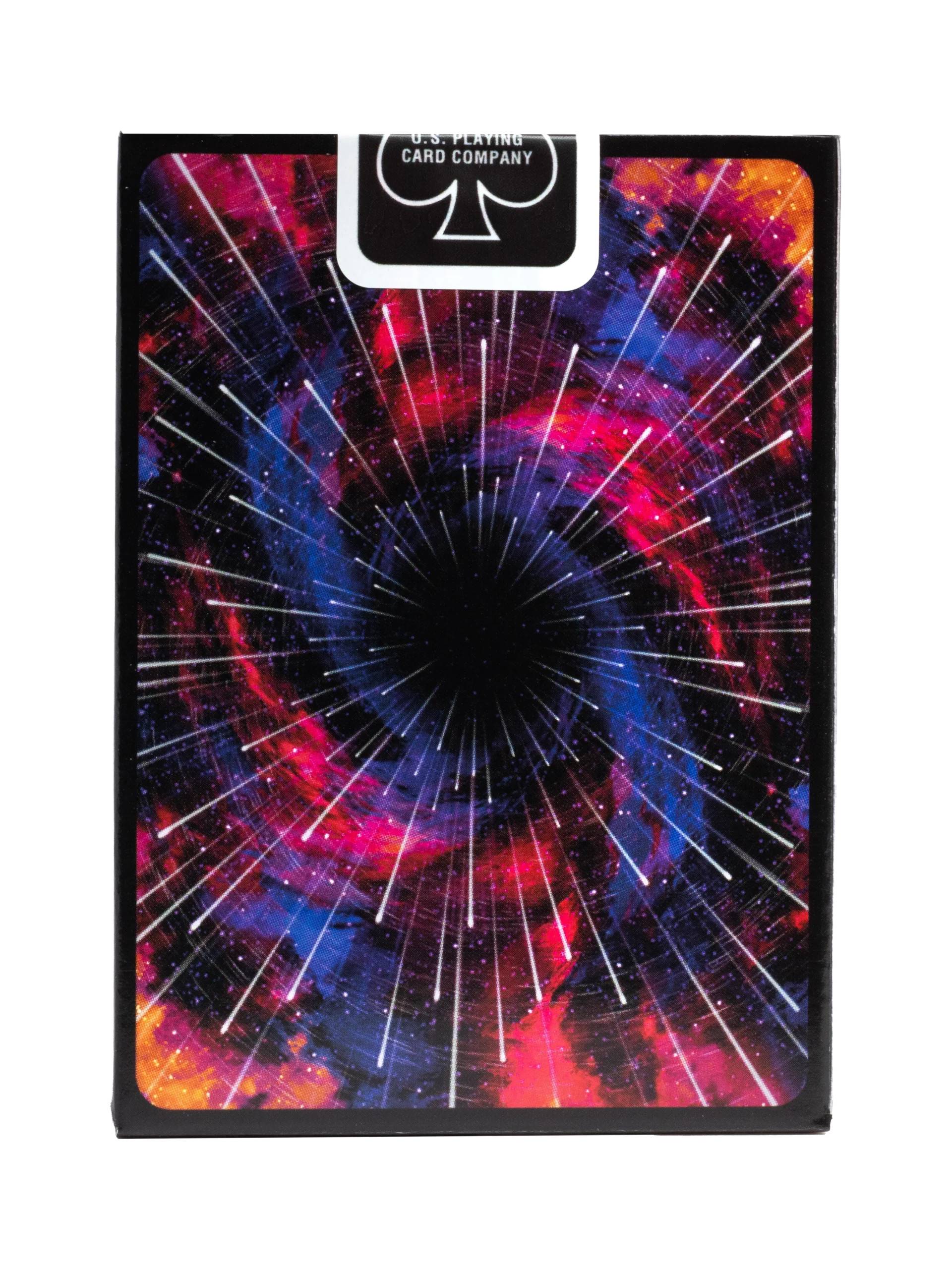 Eine Spielkartenschachtel mit einem kosmischen Strahlungsdesign und dem „Bicycle
