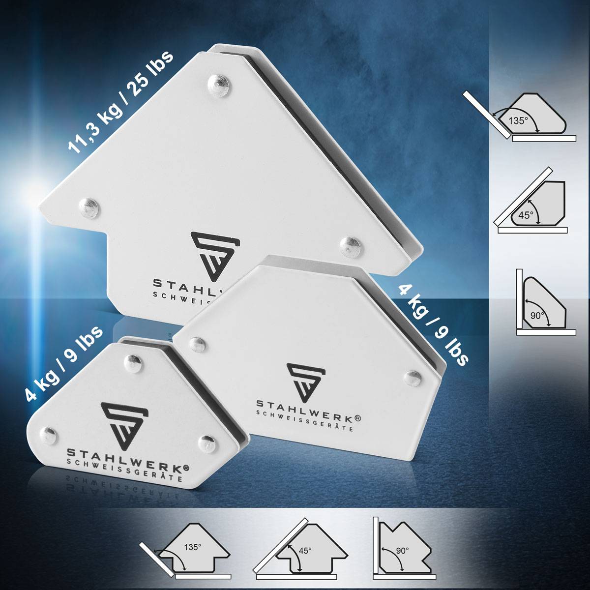 STAHLWERK 6 × Magnet-Schweißwinkel 30° x 45° x 60° x 75° x 90° x 135°, 2 x 4 kg