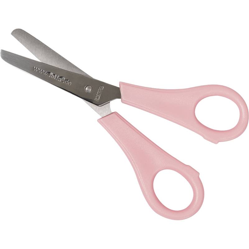 Pinke Sicherheitsschere mit abgerundeten Spitzen, speziell für Kinder entwickelt. Die Klingen sind silberfarben mit einer kleinen Markierung auf einer Seite.