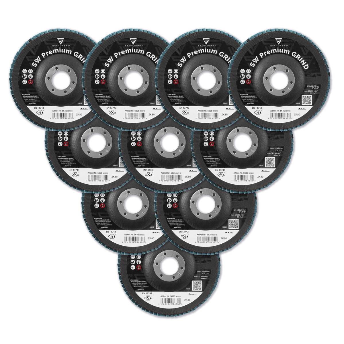 STAHLWERK Schleifscheibe Fächerscheibe Lamellenscheibe P80 Ø125 mm 10er Set
