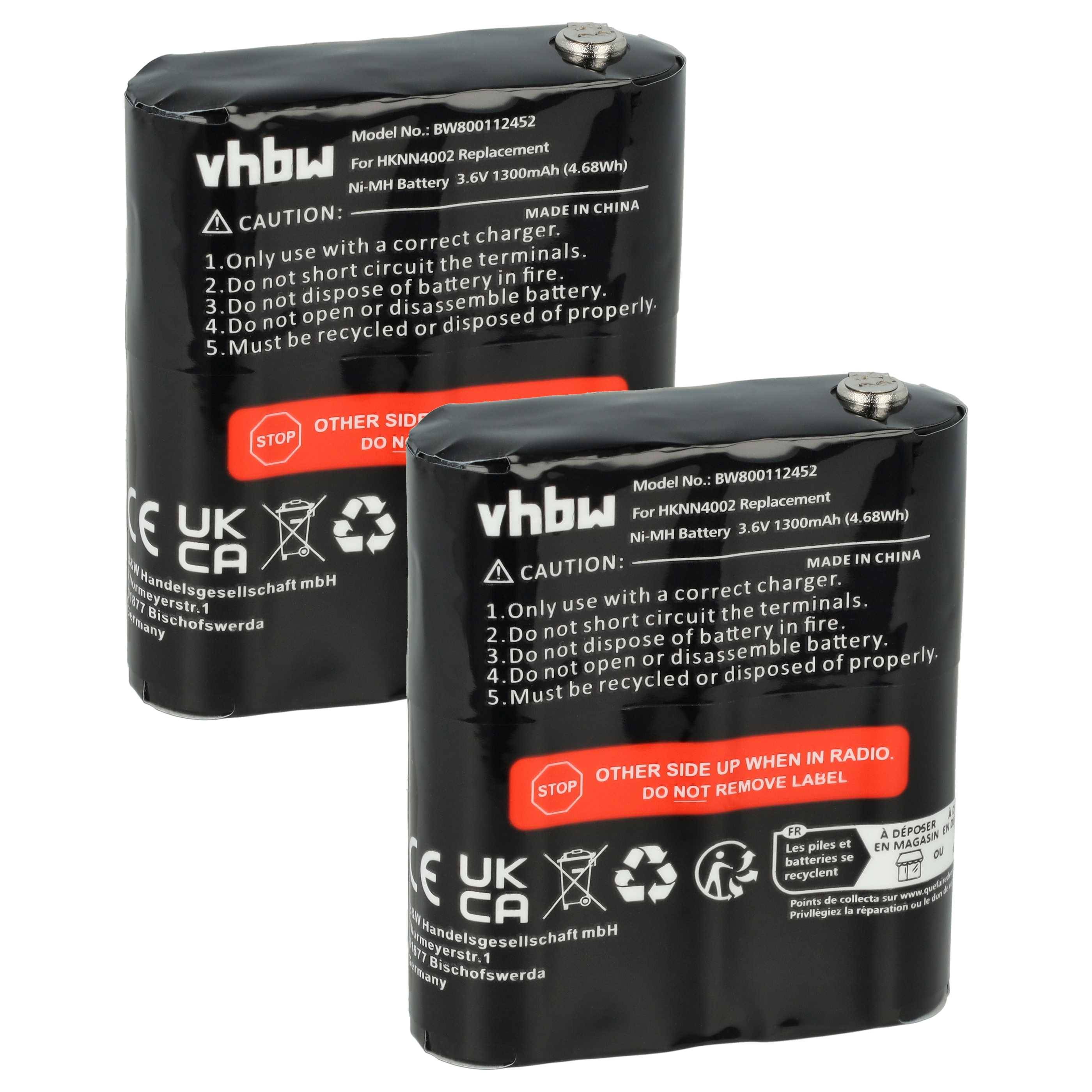 vhbw 2x Akku kompatibel mit Motorola Talkabout T5025, T5022, T4800, FV500, T5100, T4900, T5000 Funkgerät, Walkie Talkie (1300 mAh, 3,6 V, NiMH)