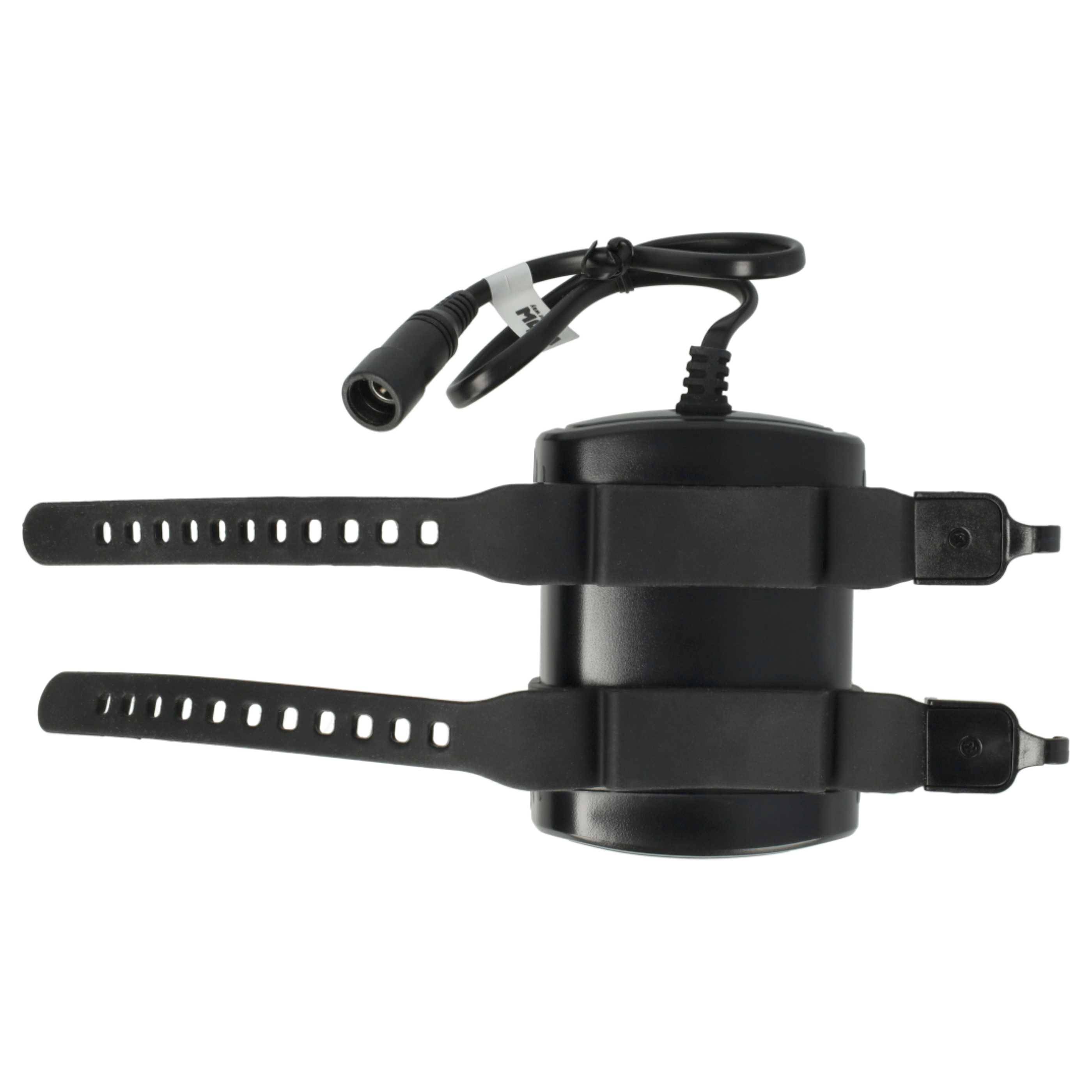 Schwarze zylindrische Befestigungsvorrichtung mit zwei verstellbaren Riemen und einem kurzen angebrachten Kabel, dargestellt auf weißem Hintergrund.