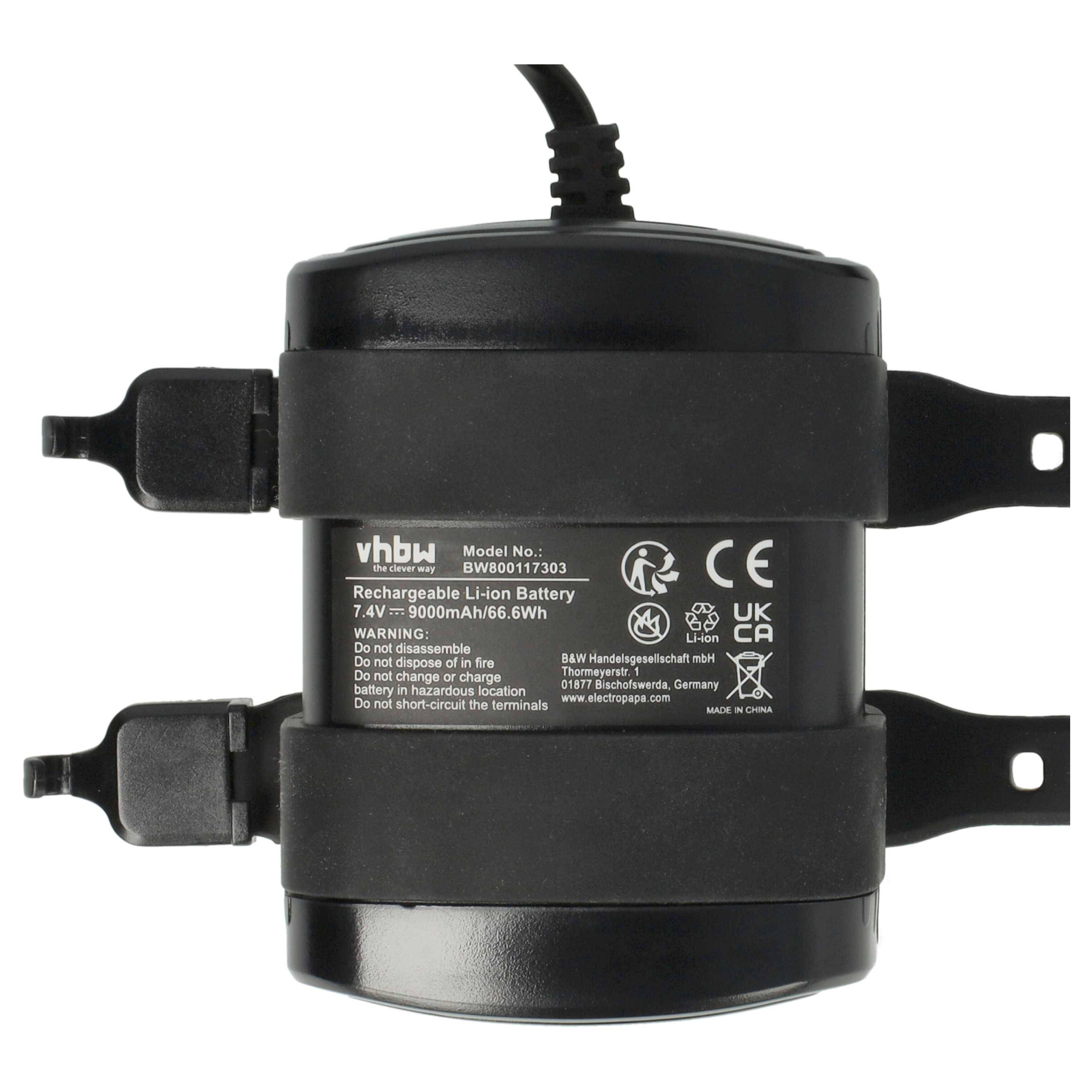 Schwarzes wiederaufladbares Lithium-Ionen-Akkupack mit Befestigungsgurten und sichtbarem Produktetikett, Vorderansicht auf weißem Hintergrund.