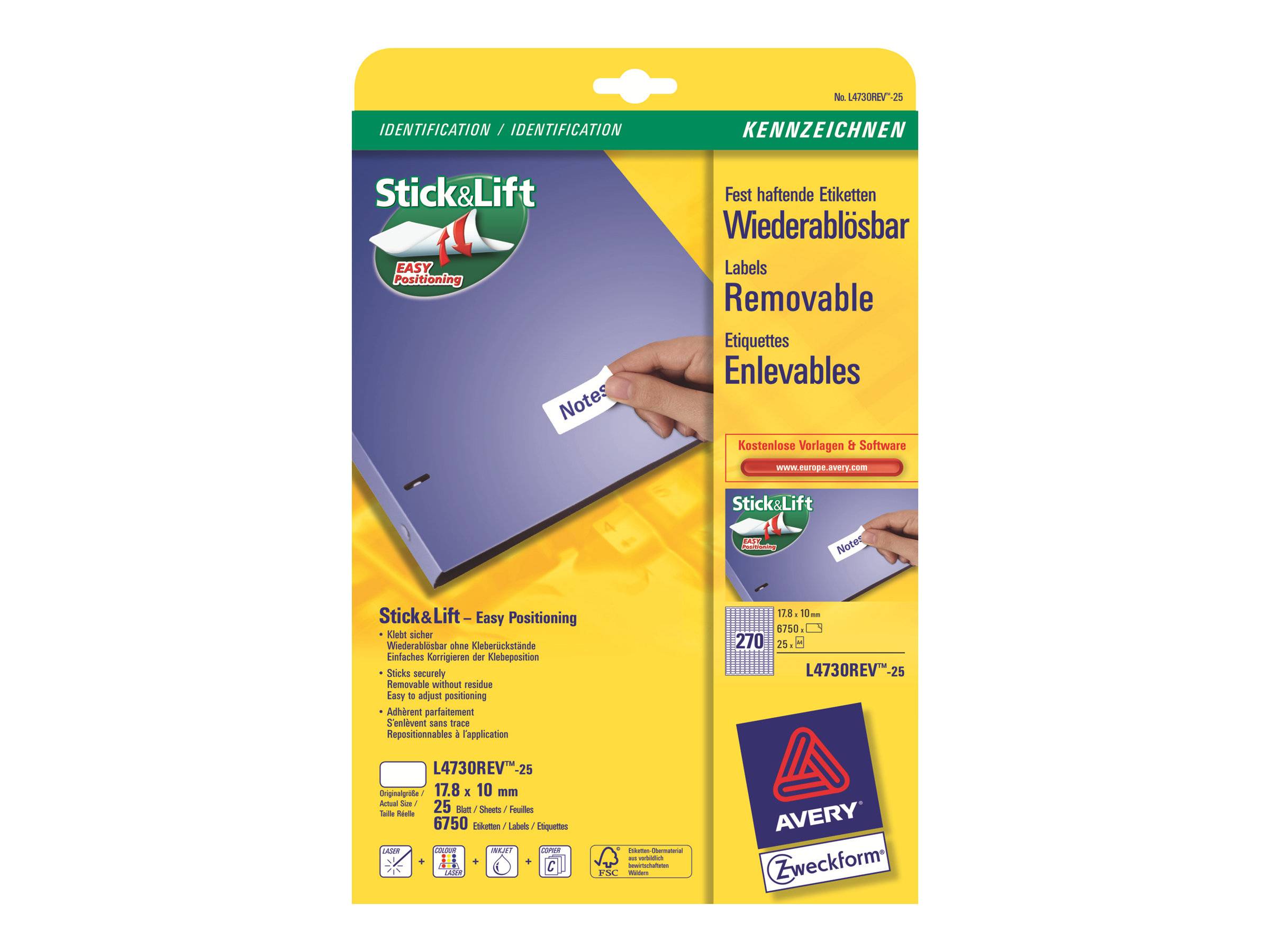 AVERY ZWECKFORM - Avery - Entfernbarer Klebstoff - weiß - 17.8 x 10 mm 6750 Etikett(en) (25 Bogen x 270)