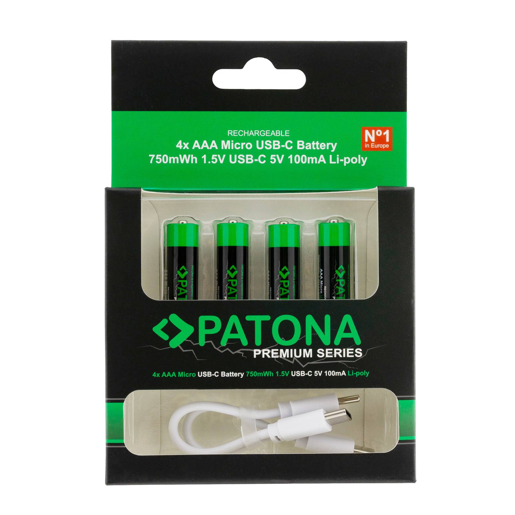 PATONA Premium USB-C 4x AAA Micro Akkus Lithium 750mWh 1,5 Volt aufladbar mit 1 zu 2 USB-C Ladekabel