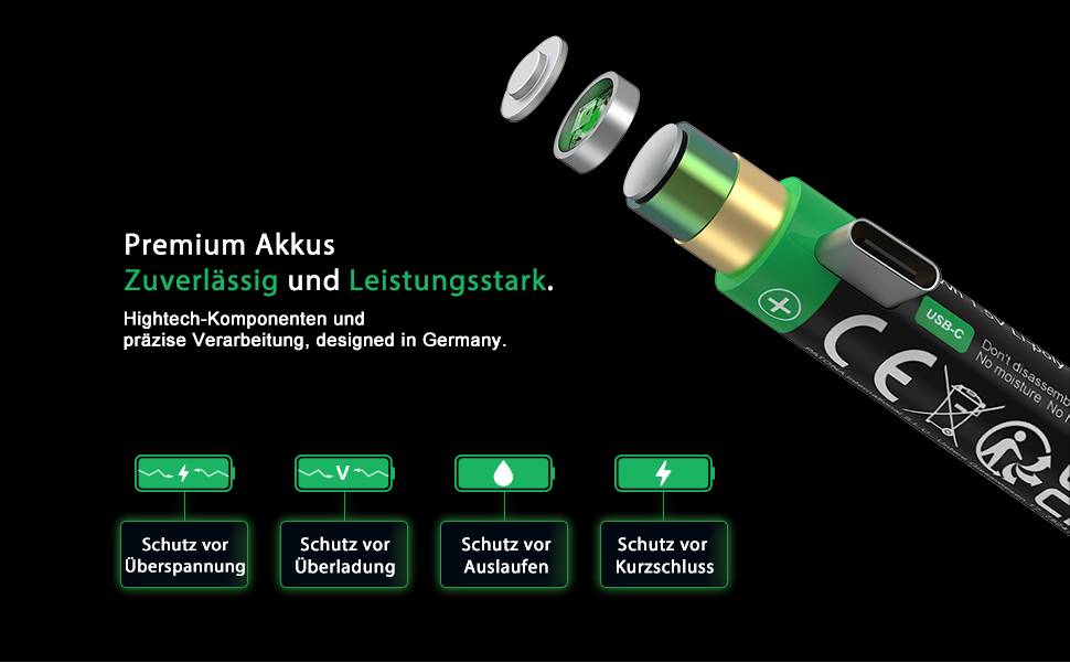 PATONA Premium USB-C 4x AAA Akkus Lithium 1.5V 750mWh mit 1 zu 2 USB-C Ladekabel