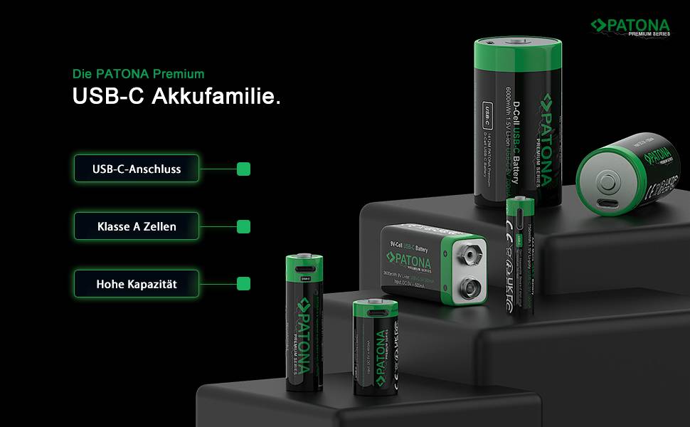 PATONA Premium USB-C 4x AAA Micro Akkus Lithium 750mWh 1,5 Volt aufladbar mit 1 zu 2 USB-C Ladekabel