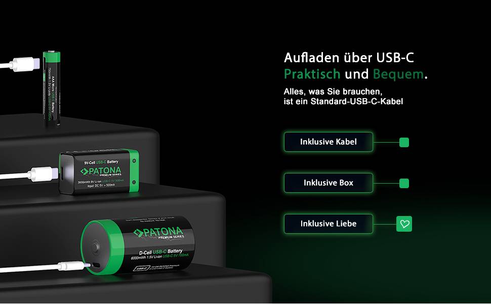 PATONA Premium USB-C 4x AAA Micro Akkus Lithium 750mWh 1,5 Volt aufladbar mit 1 zu 2 USB-C Ladekabel