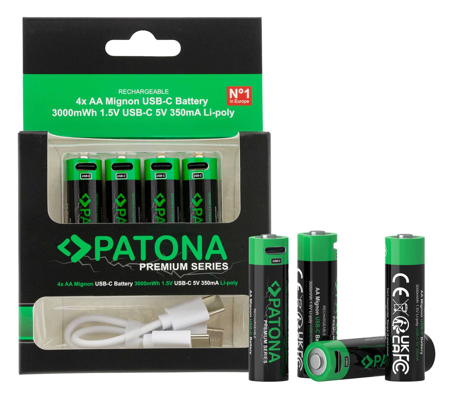 PATONA Premium USB-C 4x AA Akkus Lithium 1.5V 3000mWh aufladbar mit 1 zu 2 USB-C Ladekabel