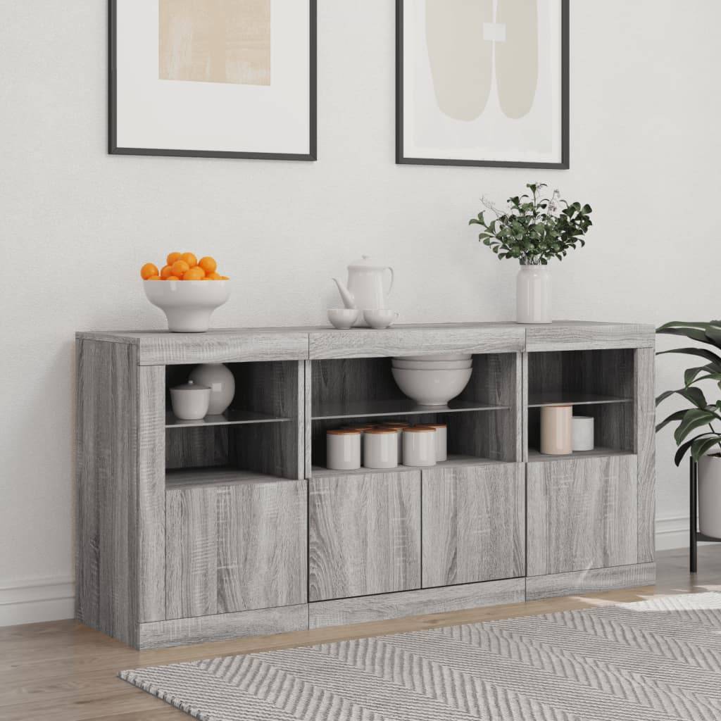 vidaXL Sideboard mit LED-Leuchten Grau Sonoma 142,5x37x67 cm