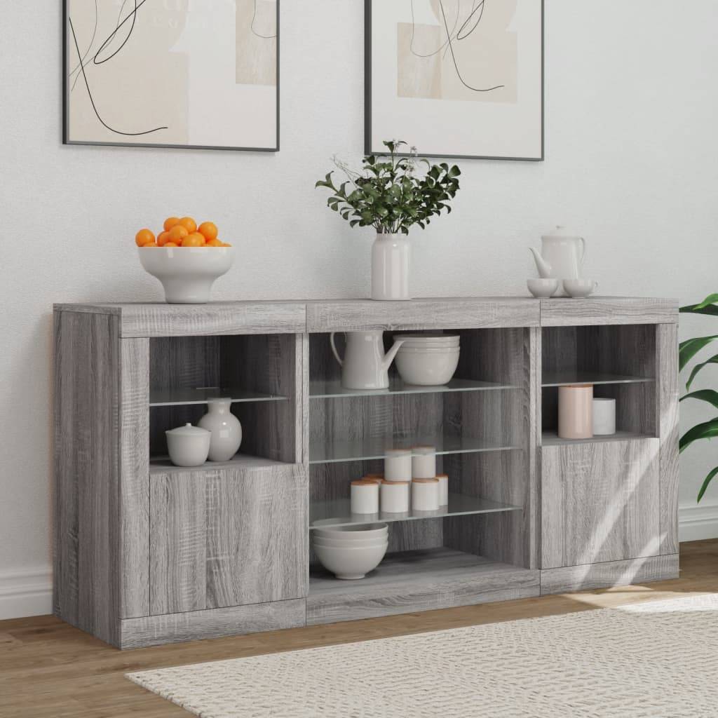 vidaXL Sideboard mit LED-Leuchten Grau Sonoma 142,5x37x67 cm