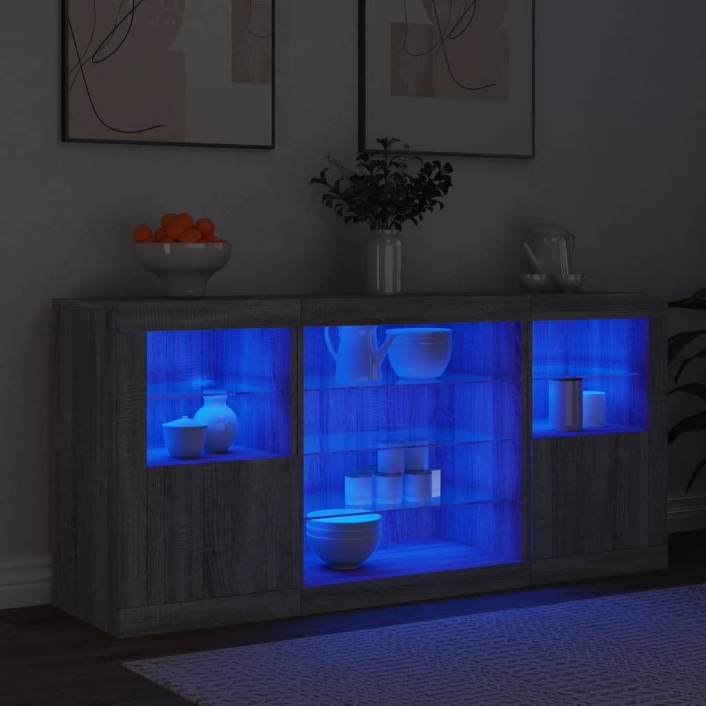 vidaXL Sideboard mit LED-Leuchten Grau Sonoma 142,5x37x67 cm