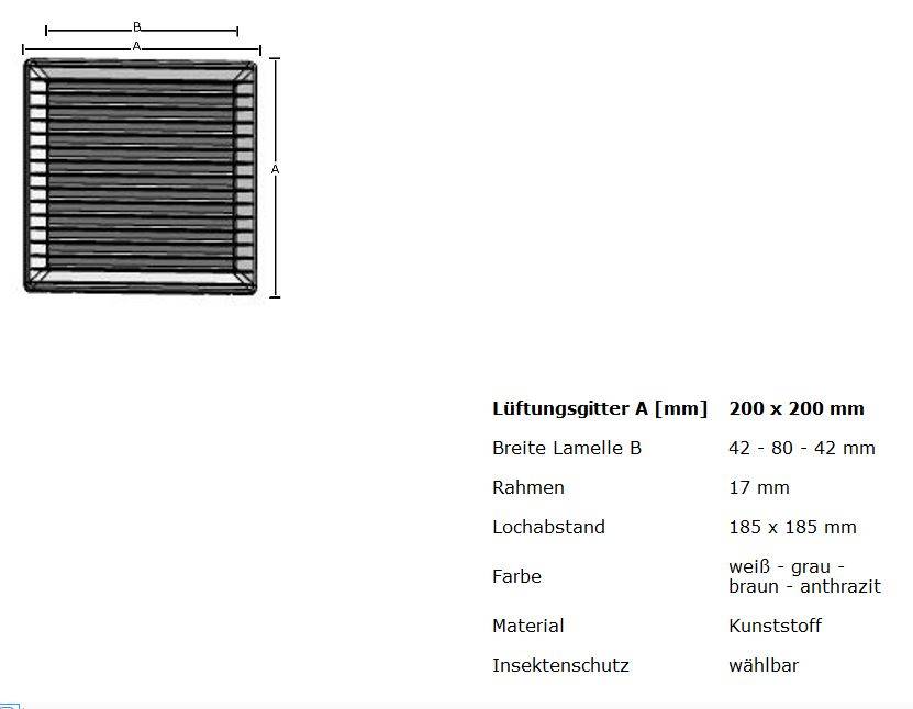 Lüftungsgitter Abluftgitter Lamellengitter Insektenschutz Kunststoff eckig 200 x 200 mm weiß