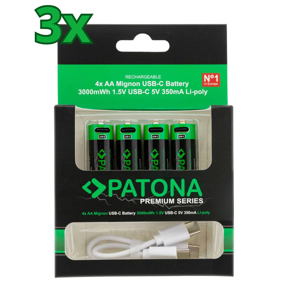 12x PATONA Premium USB-C 4x AA Akkus Lithium 1.5V 3000mWh (3x 4er Blister)