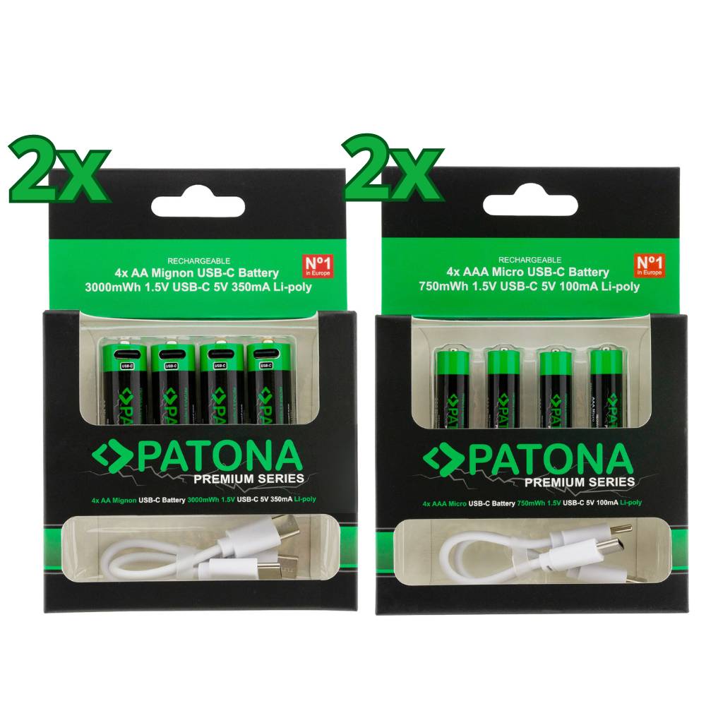 Patona Premium Series': Zwei Packungen wiederaufladbarer Batterien. Linke Packung: 4x AA, 3000mWh. Rechte Packung: 4x AAA, 750mWh. USB-C-Kabel enthalten.