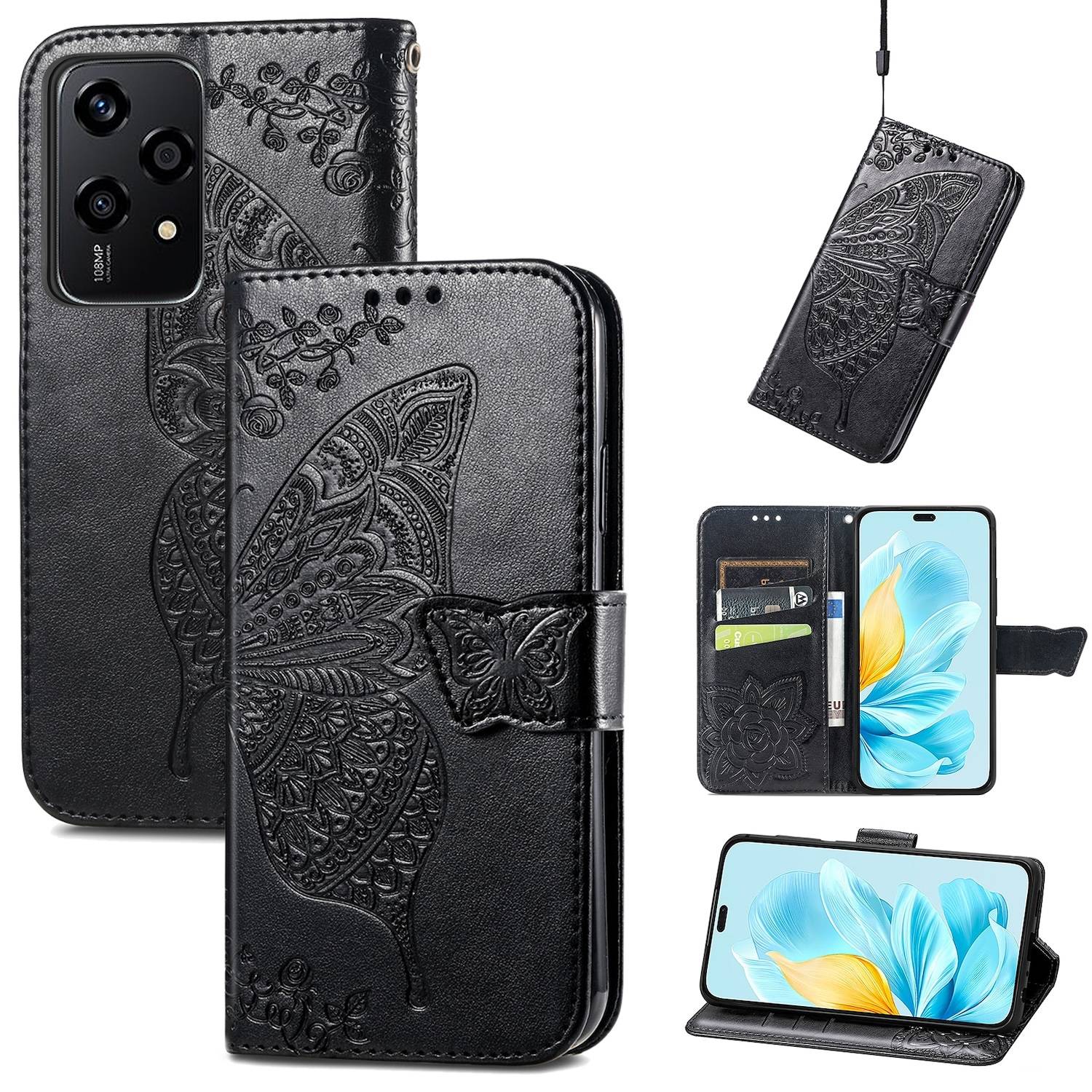 Für Honor 200 Lite Kunstleder Wallet Tasche Schmetterling Case Schwarz