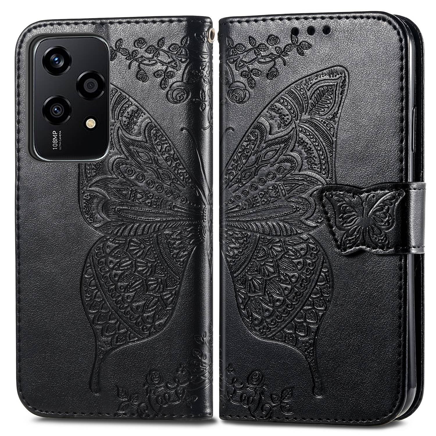 Für Honor 200 Lite Kunstleder Wallet Tasche Schmetterling Case Schwarz