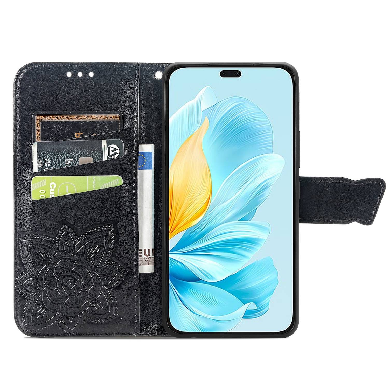 Für Honor 200 Lite Kunstleder Wallet Tasche Schmetterling Case Schwarz