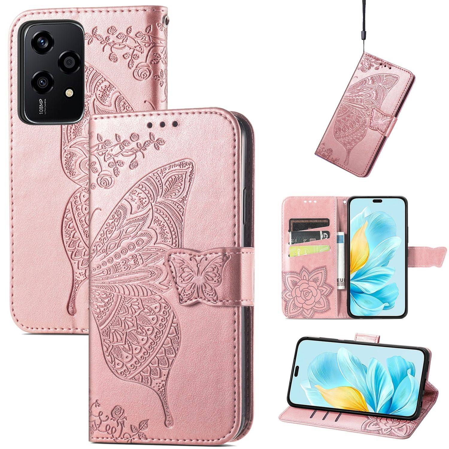 Für Honor 200 Lite Kunstleder Wallet Tasche Schmetterling Hülle Rosa