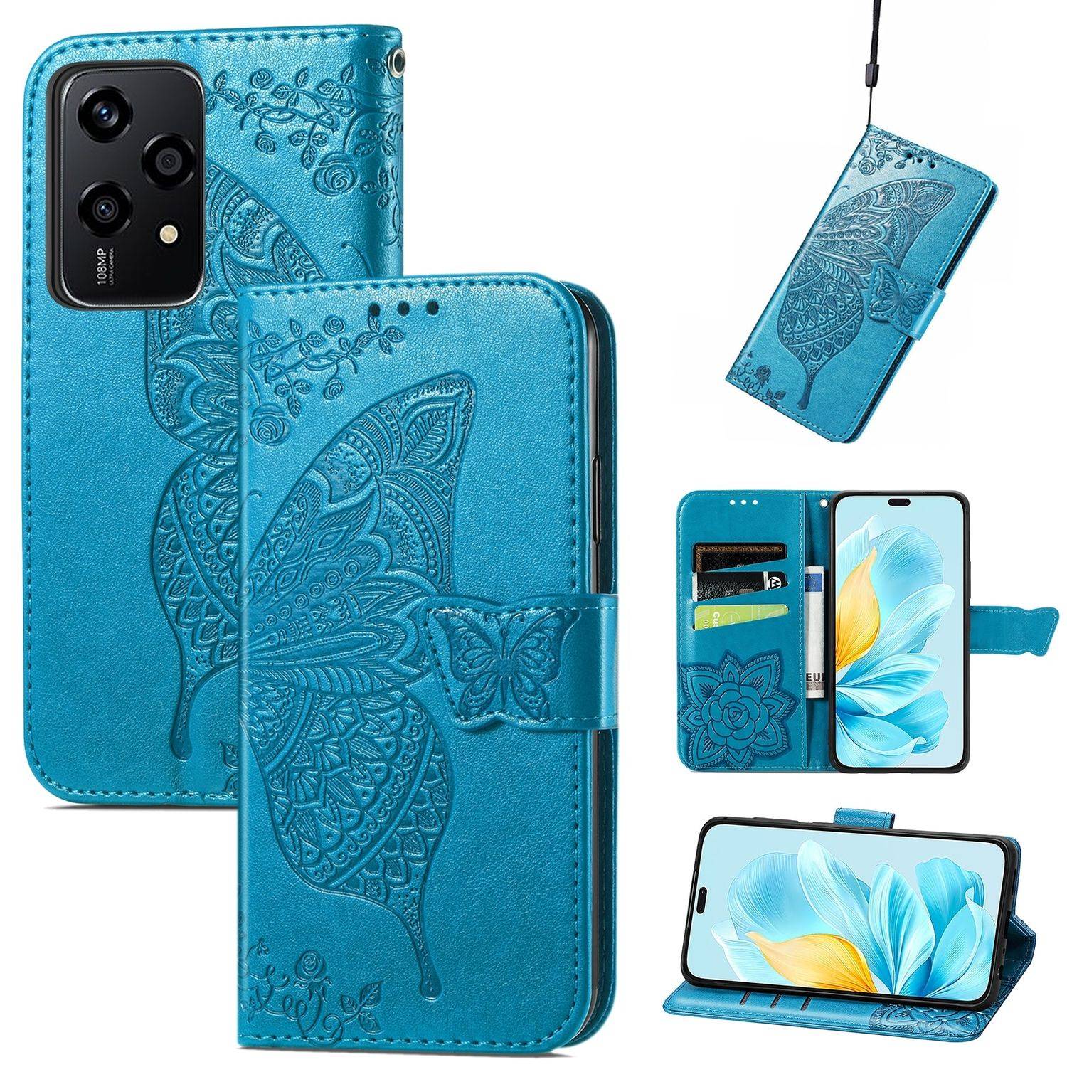 Für Honor 200 Lite Kunstleder Wallet Tasche Schmetterling Hülle Blau