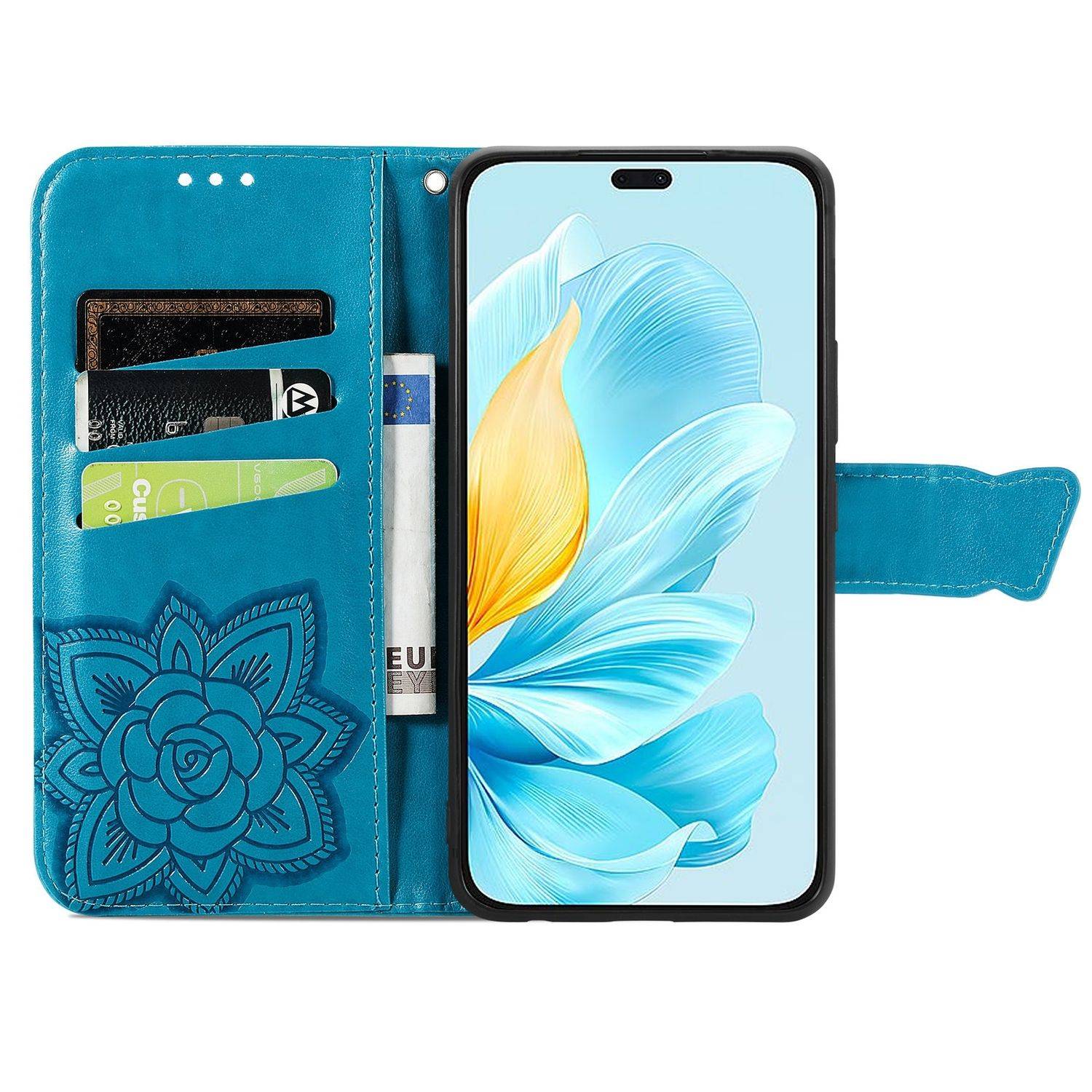Für Honor 200 Lite Kunstleder Wallet Tasche Schmetterling Hülle Blau