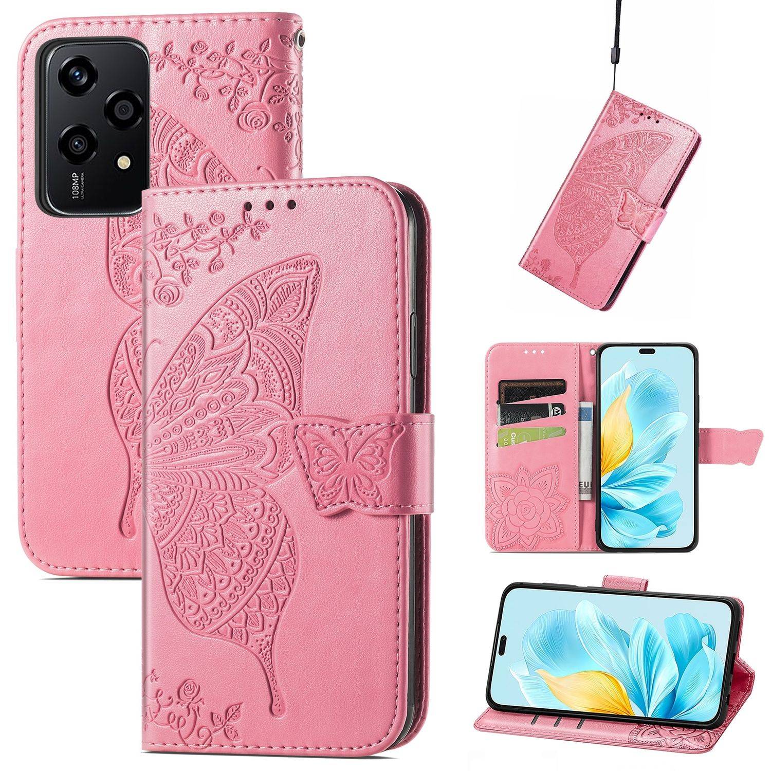Für Honor 200 Lite Kunstleder Wallet Tasche Schmetterling Hülle Pink