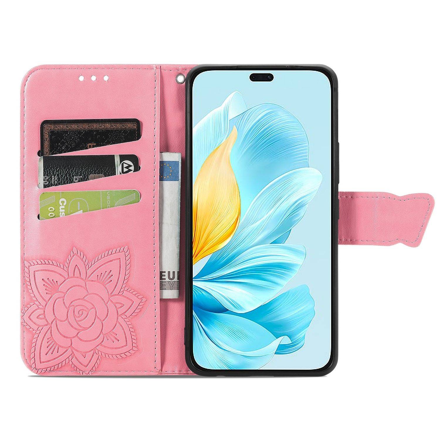 Für Honor 200 Lite Kunstleder Wallet Tasche Schmetterling Hülle Pink