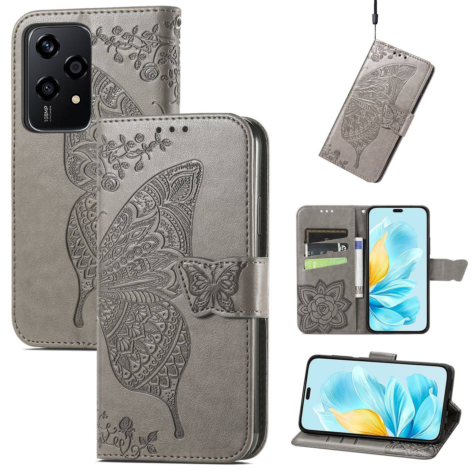 Für Honor 200 Lite Kunstleder Wallet Tasche Schmetterling Hülle Grau