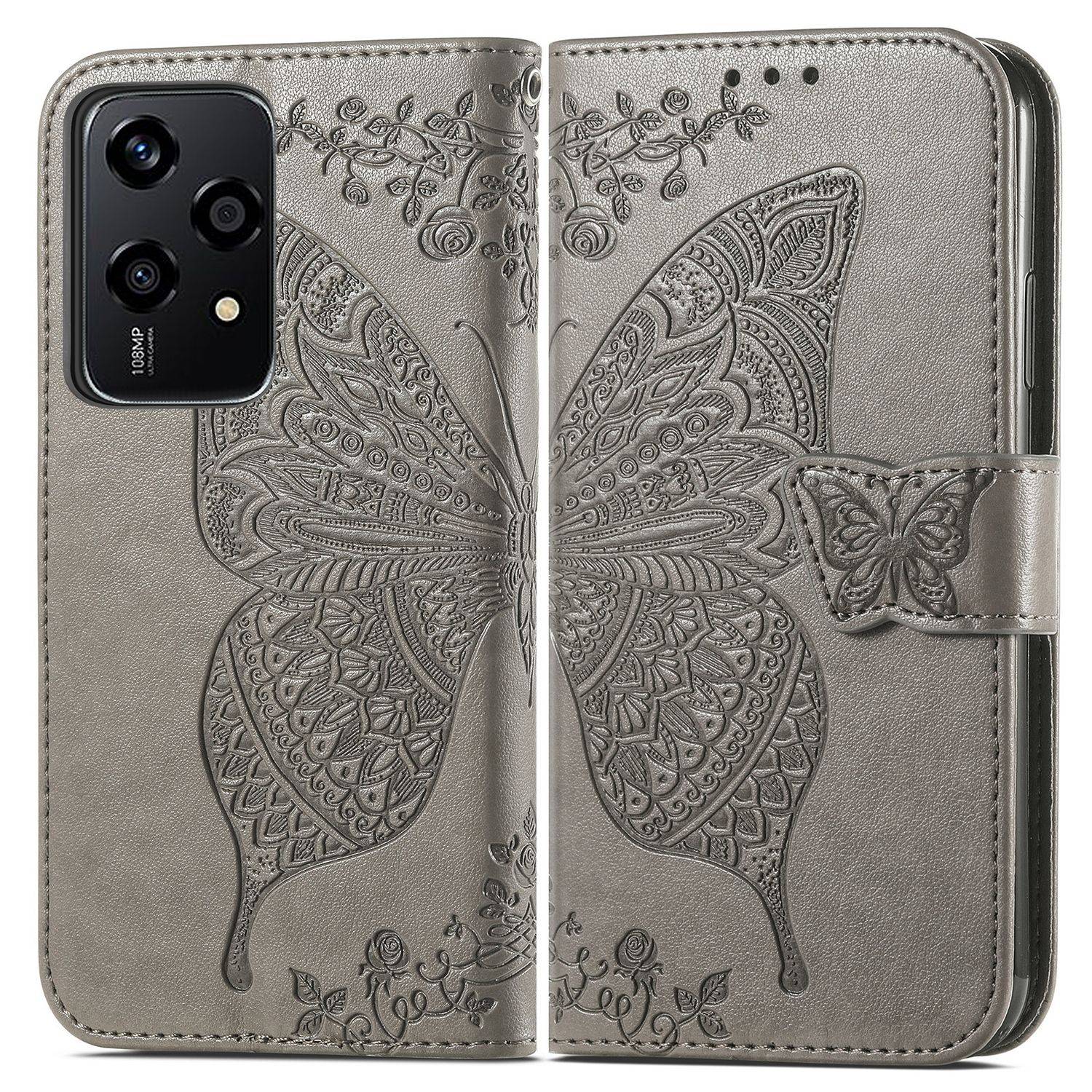 Für Honor 200 Lite Kunstleder Wallet Tasche Schmetterling Hülle Grau