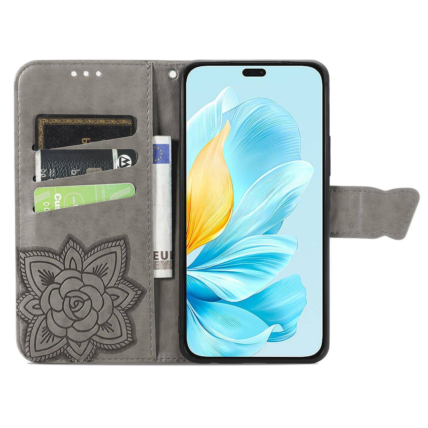 Für Honor 200 Lite Kunstleder Wallet Tasche Schmetterling Hülle Grau