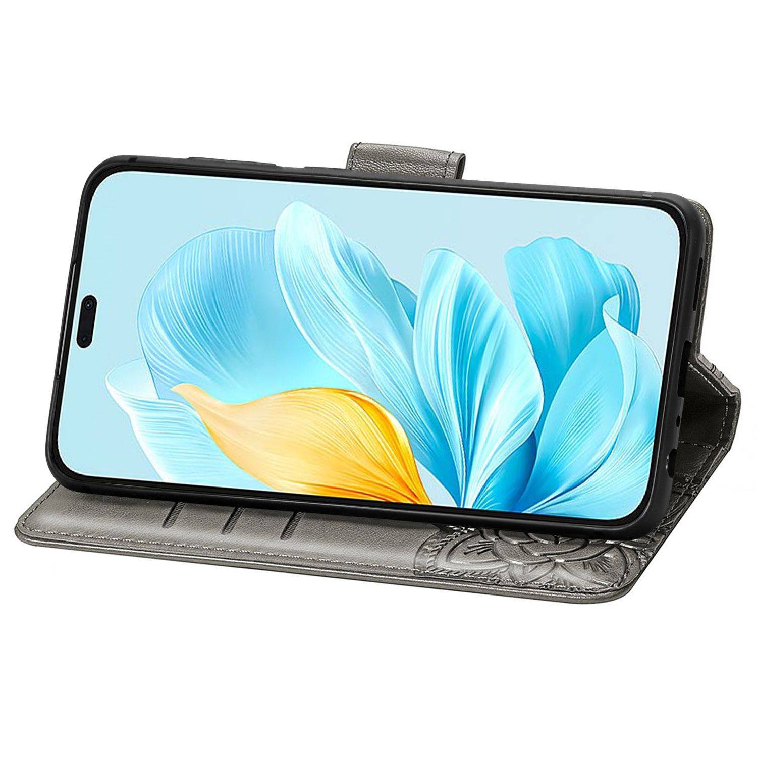 Für Honor 200 Lite Kunstleder Wallet Tasche Schmetterling Hülle Grau