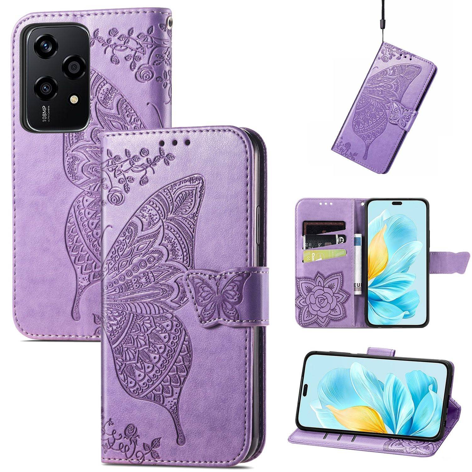 Für Honor 200 Lite Kunstleder Wallet Schmetterling Hülle Hell-Lila