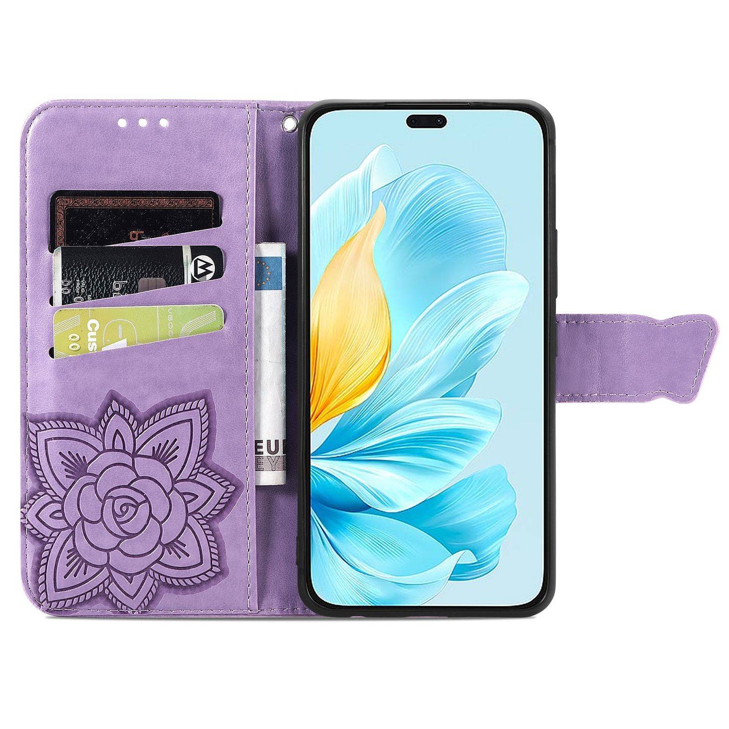 Für Honor 200 Lite Kunstleder Wallet Schmetterling Hülle Hell-Lila