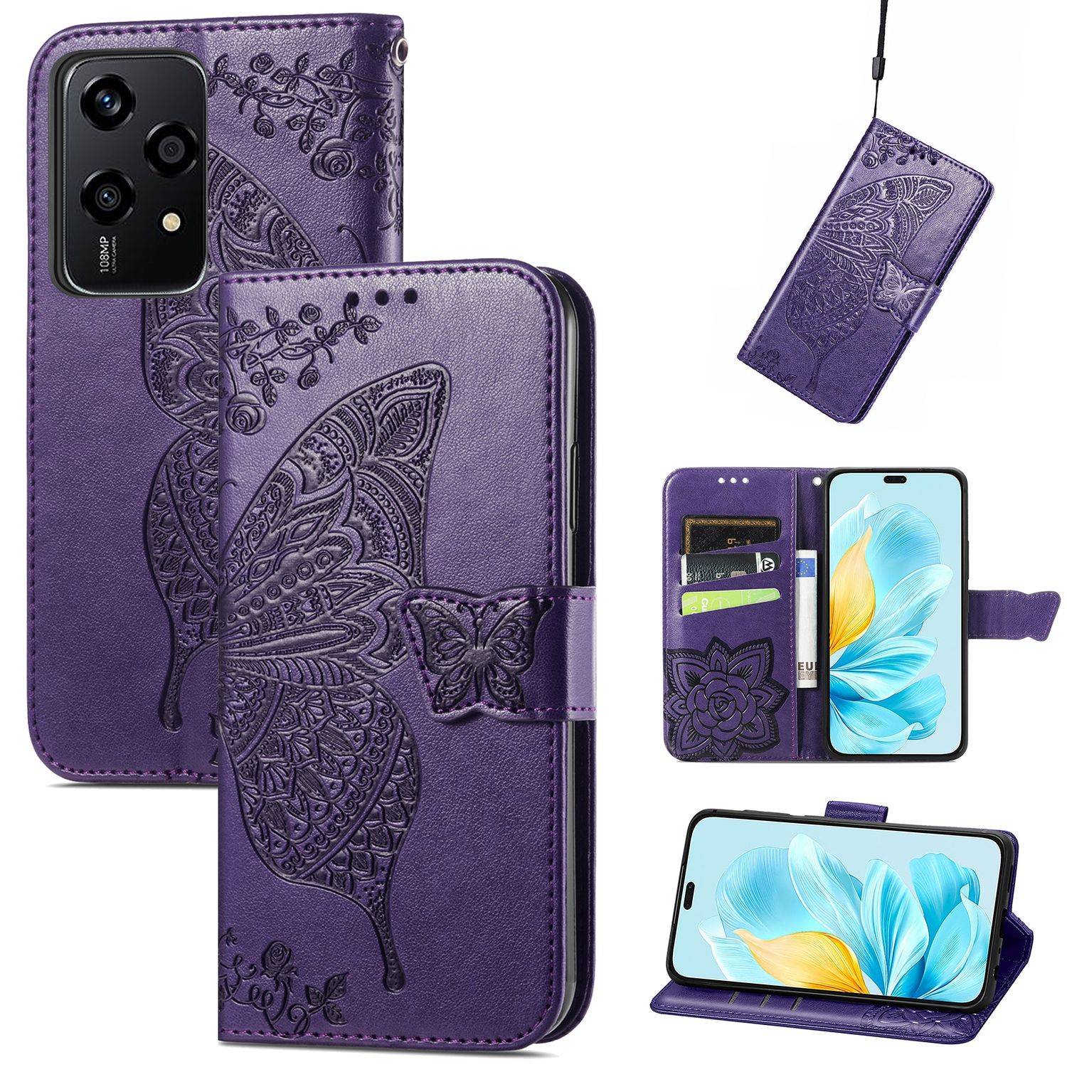 Für Honor 200 Lite Kunstleder Wallet Tasche Schmetterling Hülle Lila