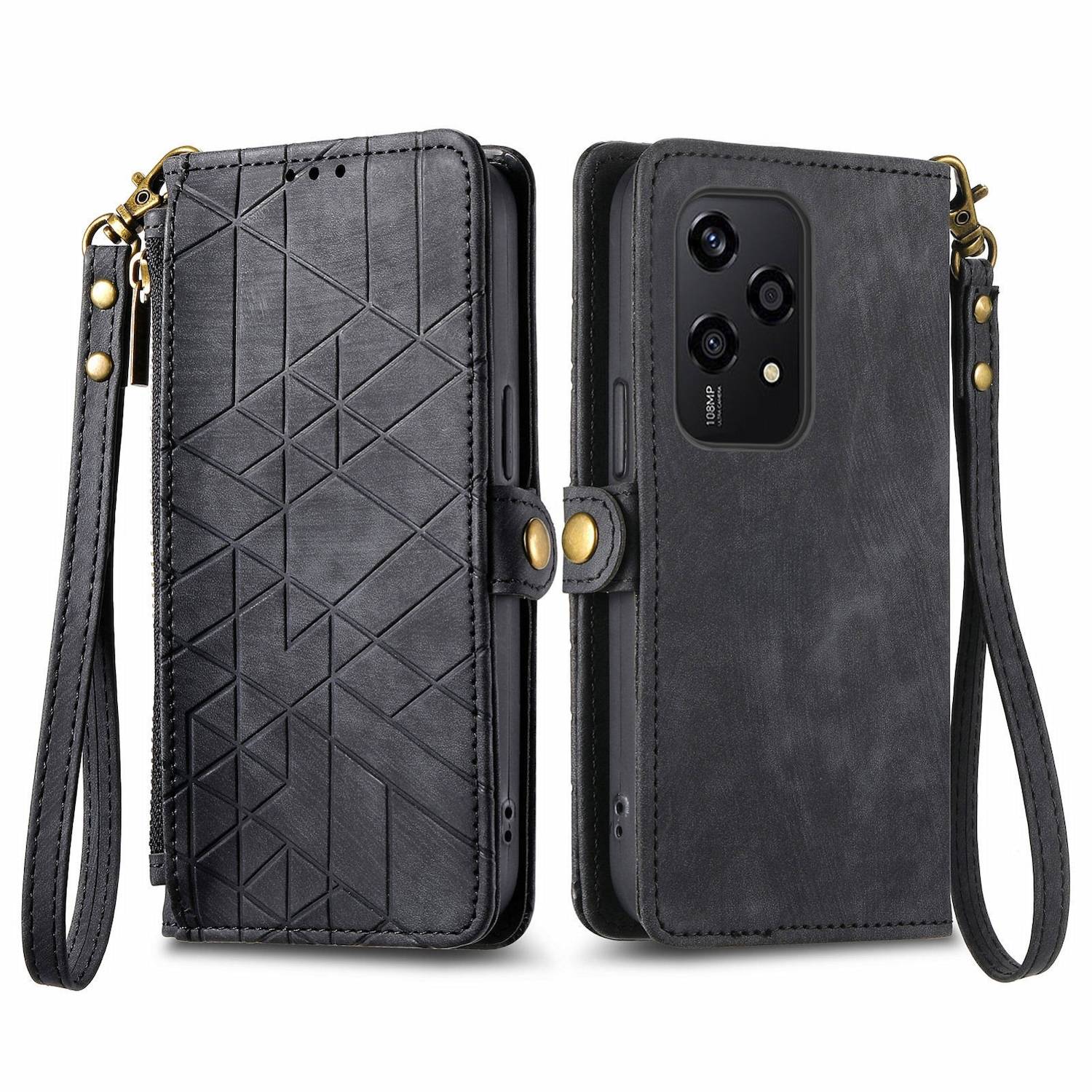 Für Honor 200 Lite Kunstleder Zipper Wallet Tasche Schlaufe Schwarz