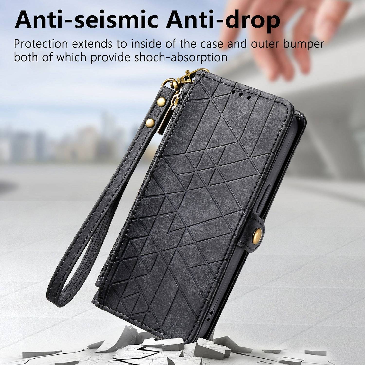 Für Honor 200 Lite Kunstleder Zipper Wallet Tasche Schlaufe Schwarz