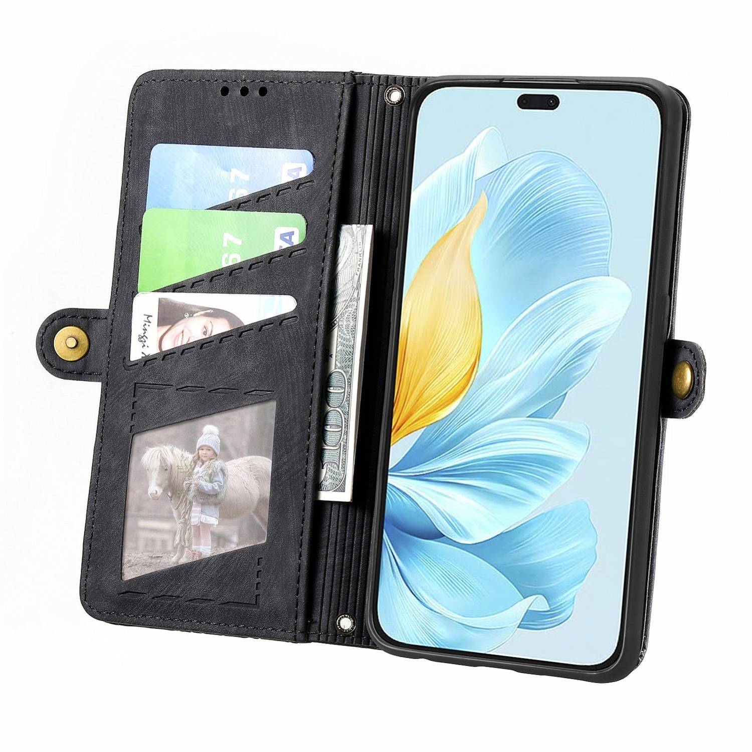 Für Honor 200 Lite Kunstleder Zipper Wallet Tasche Schlaufe Schwarz