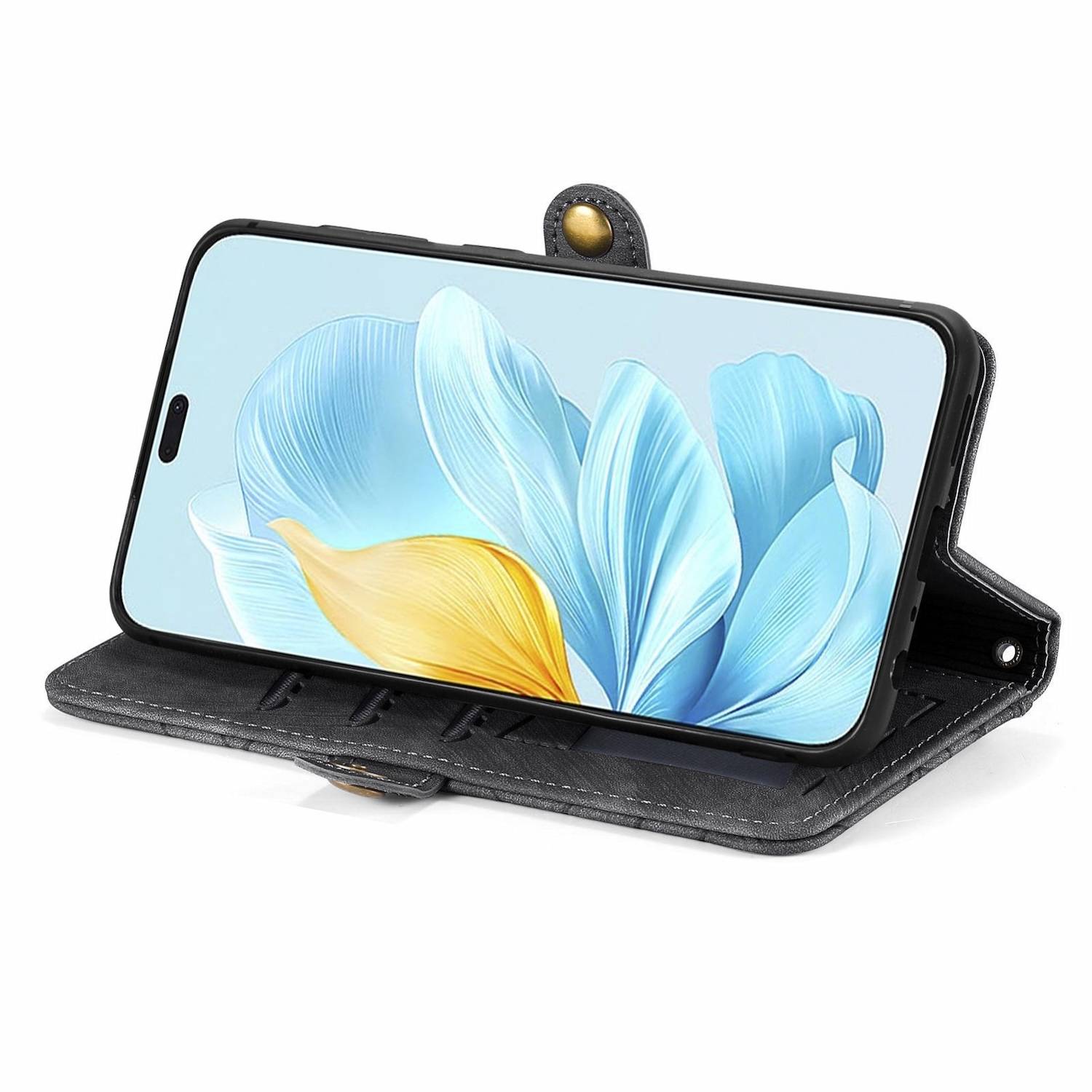 Für Honor 200 Lite Kunstleder Zipper Wallet Tasche Schlaufe Schwarz