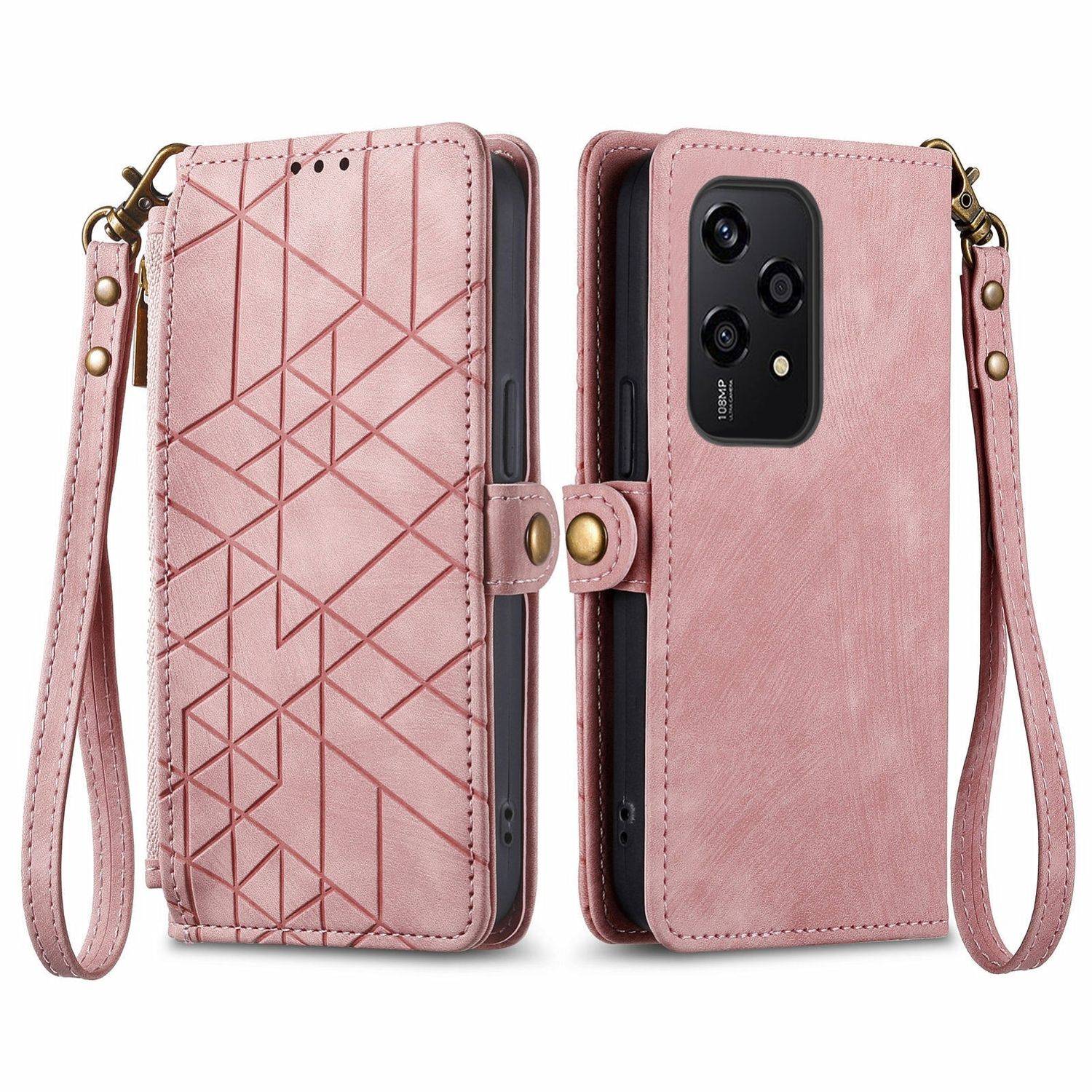 Für Honor 200 Lite Kunstleder Zipper Wallet Tasche mit Schlaufe Rosa