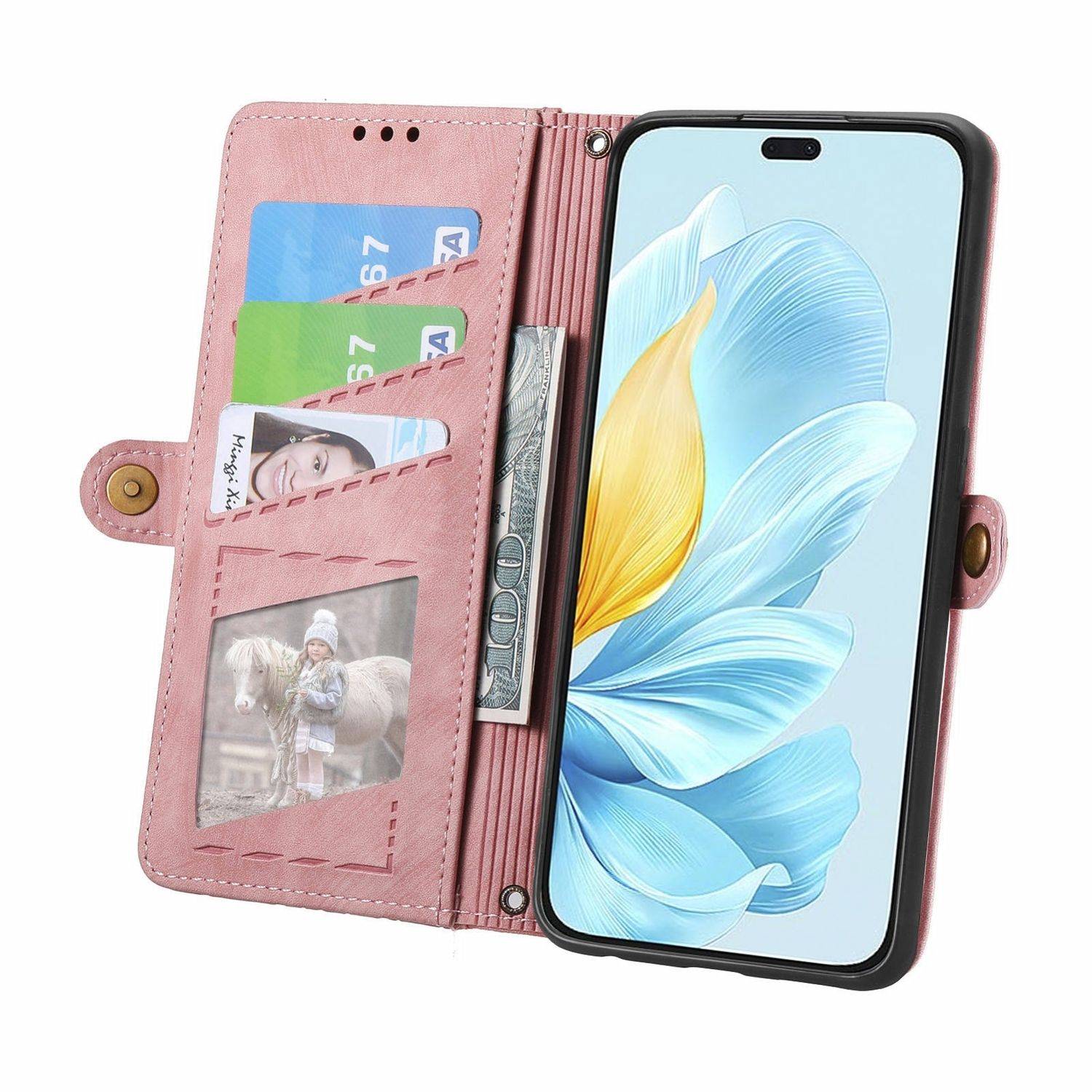 Für Honor 200 Lite Kunstleder Zipper Wallet Tasche mit Schlaufe Rosa