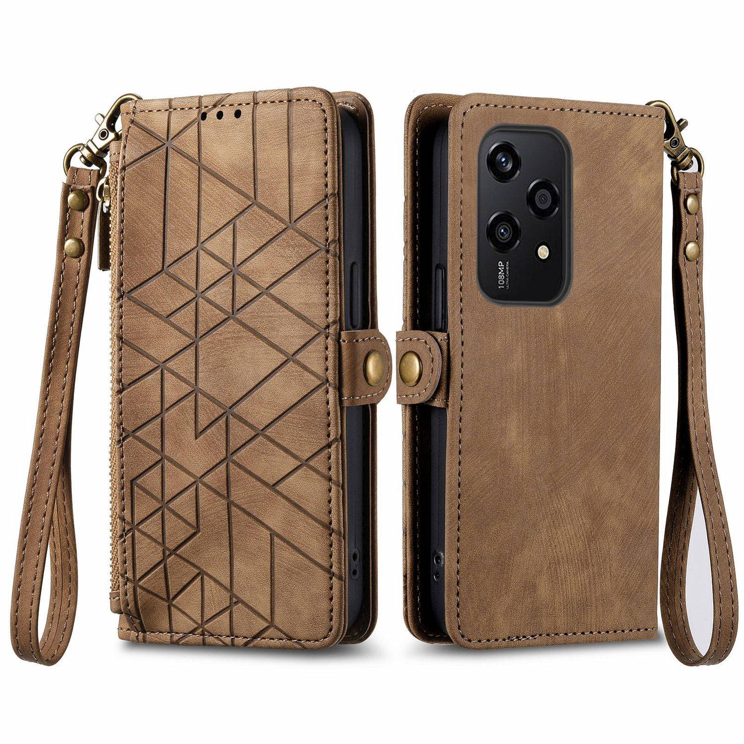 Für Honor 200 Lite Kunstleder Zipper Wallet Tasche mit Schlaufe Braun