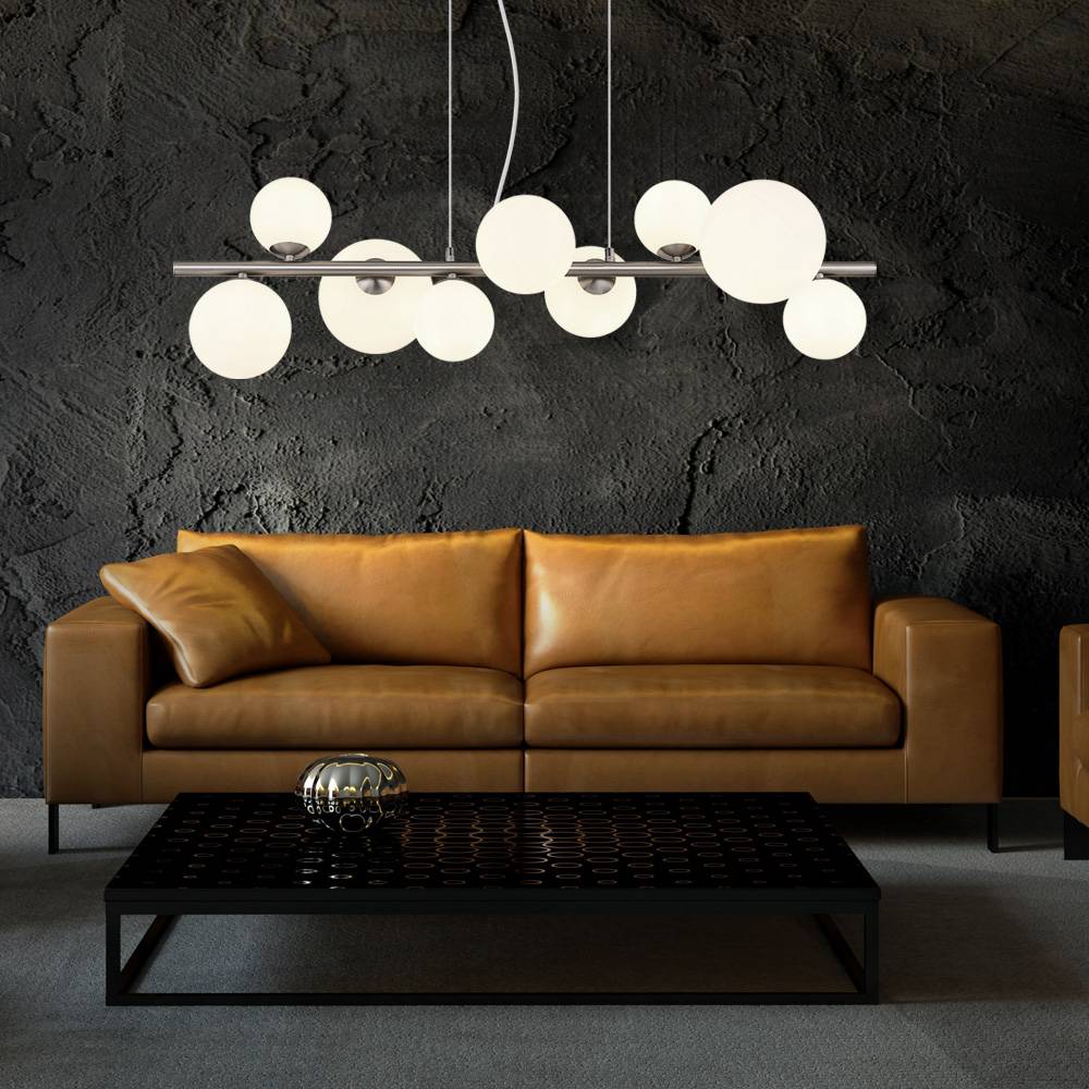 LED Hängeleuchte Höhenverstellbar Esszimmerlampe Glaskugeln Hängelampe Glas weiß, Metall nickel, 9x G9 3,5W 350Lm warmweiß, LxBxH 87x34,5x120 cm