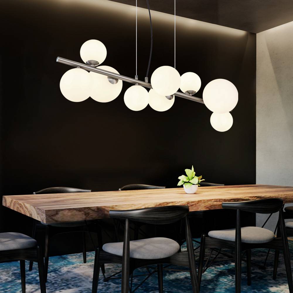 LED Hängeleuchte Höhenverstellbar Esszimmerlampe Glaskugeln Hängelampe Glas weiß, Metall nickel, 9x G9 3,5W 350Lm warmweiß, LxBxH 87x34,5x120 cm