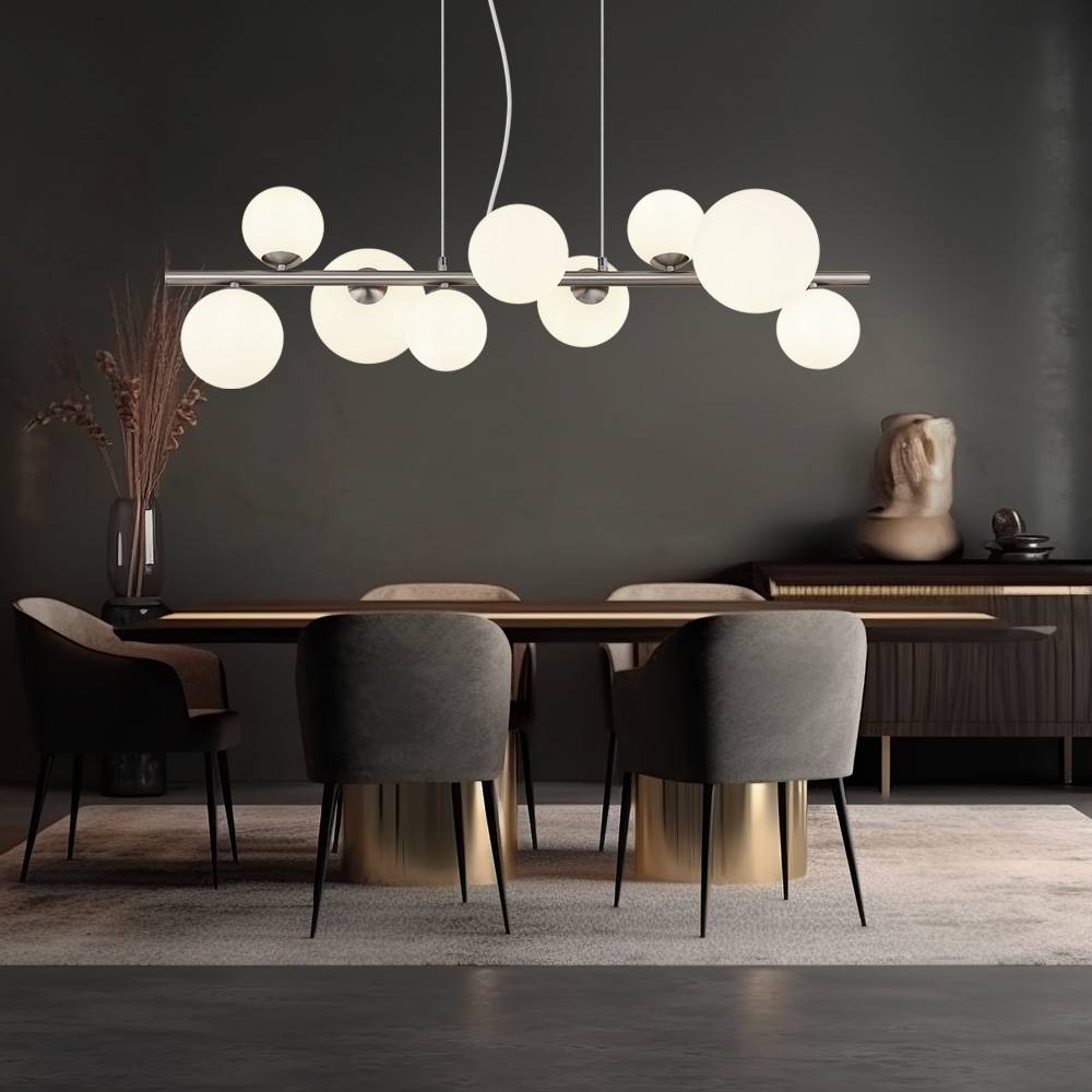 LED Hängeleuchte Höhenverstellbar Esszimmerlampe Glaskugeln Hängelampe Glas weiß, Metall nickel, 9x G9 3,5W 350Lm warmweiß, LxBxH 87x34,5x120 cm